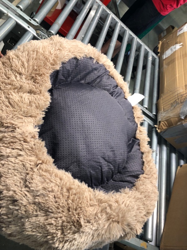 Photo 1 of Bedsure Calming Dog Beds for Small Medium Large Dogs - Round Donut Washable Dog Bed, Anti-Slip Faux Fur Fluffy Donut Cuddler Anxiety Cat Bed, Fits up to 15-100 lbs 23x23x8 Inch (Pack of 1) Camel