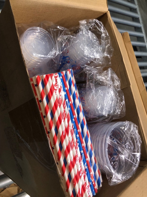 Photo 3 of  16 Oz Clear Disposable Plastic Cups Cold Party Drinking Cups Printed Plastic Cups Red White Blue Cups Fourth of July Disposable Cups (Classic Pattern,30 Counts)with straws 

