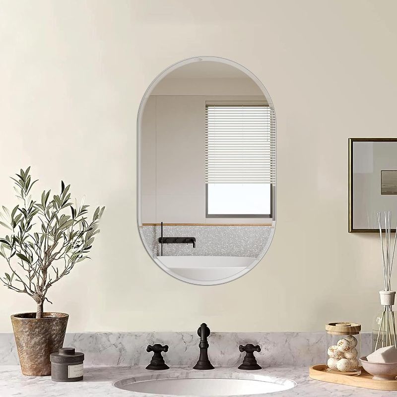 Photo 1 of  Frameless Oval Mirror 36 x 20 Inch - Beveled Polished Edge - Silver Pill Shaped Mirror Hanging Vertical or Horizontal for Bathroom, Living Room, Bedroom, Entryway
