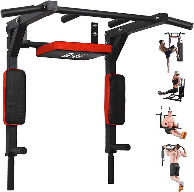 Photo 1 of BESTHLS Wall Mounted Pull Up Bar and Dip Station, Heavy Duty Wall Mount Pull-up Chin Up Bar Multifunctional Home Gym Workout Indoor Exercise Equipment Support to 440 Lbs
