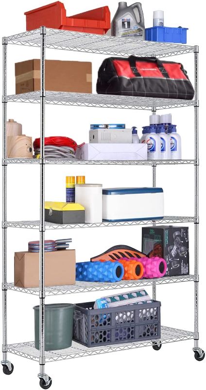 Photo 1 of 6-Tier Storage Shelf, Wire Shelving Unit NSF Certified Storage Rack 48" W x 18" D x 82" H 2100Lbs Capacity Adjustable Layer Heavy Duty Metal Rack Steel with Casters for Kitchen Garage Pantry Chrome
