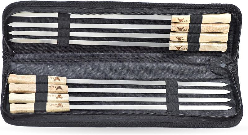 Photo 1 of 17-Inch Long, Large Stainless Steel Brazilian-style BBQ Skewers with hardwood Handle, Kebab Kabob Skewers, 3/8 Inch Wide Blade, Set of 8 Skewer with heavy-duty Travel Bag
