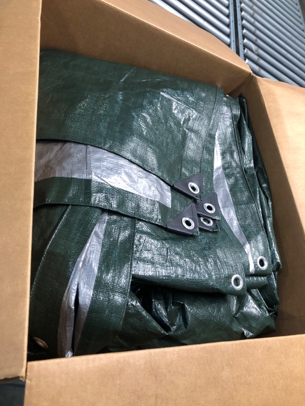 Photo 2 of 15' x 30' Heavy Duty 12 By 12 Cross Weave Green/Silver Poly Tarp with Grommets Approx…