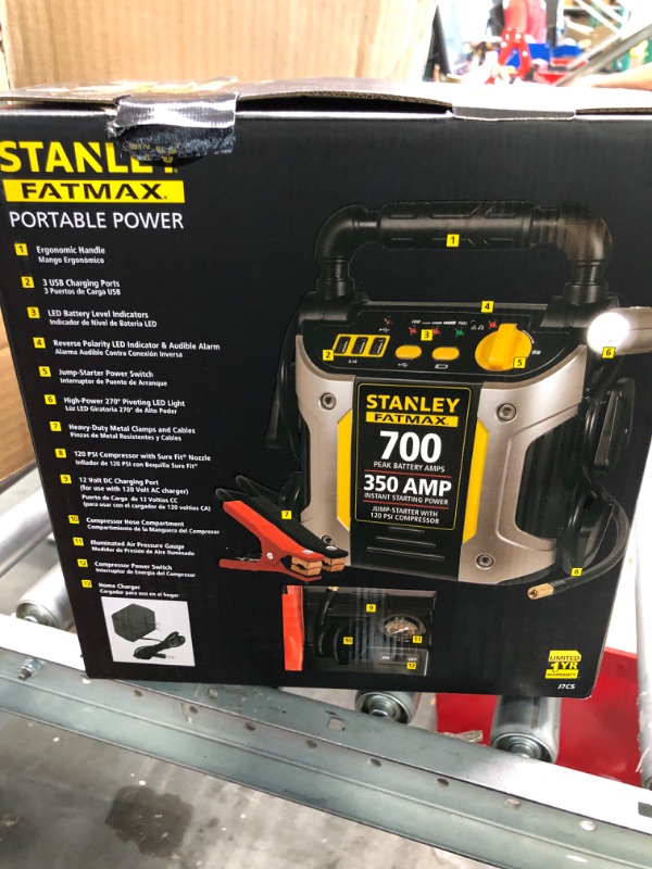 Photo 1 of STANLEY FATMAX J7CS Portable Power Station Jump Starter: 700 Peak/350 Instant Amps, 120 PSI Air Compressor, 3.1A USB Ports, Battery Clamps
