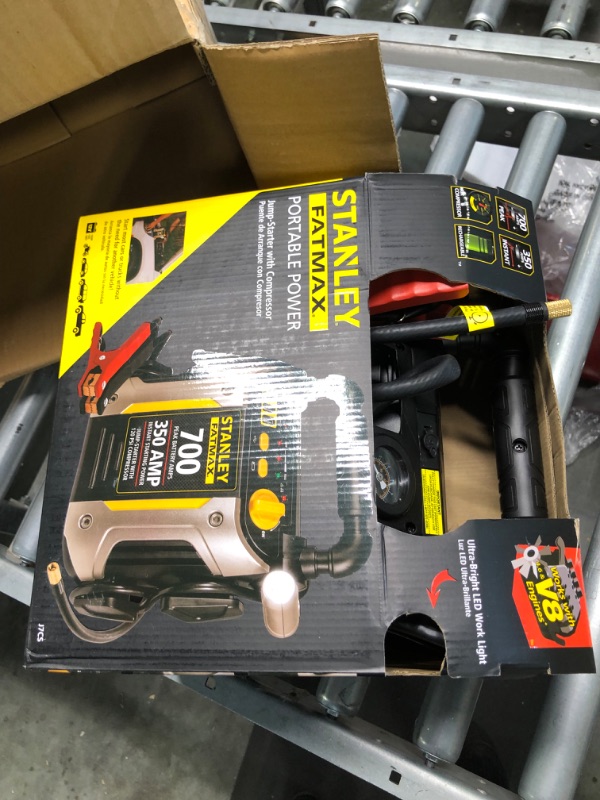 Photo 1 of STANLEY FATMAX J7CS Portable Power Station Jump Starter: 700 Peak/350 Instant Amps, 120 PSI Air Compressor, 3.1A USB Ports, Battery Clamps