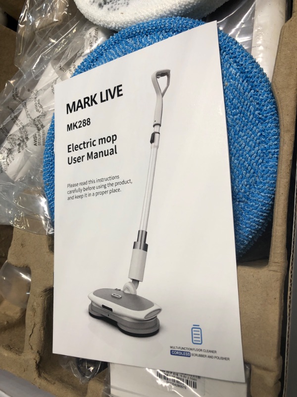 Photo 3 of MARK LIVE Electric Mop, Cordless Floor Cleaner, LED Headlight and Water Sprayer with 300ml Tank, Up to 60 Mins of Powerful Spin, Polisher for Hardwood, Tile and Laminate Floors, 6 Mop Pads