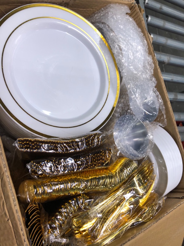 Photo 1 of 600 Pieces Gold Disposable Plates for 100 Guests, Plastic Plates for Party, Wedding, Dinnerware Set of 100 Dinner Plates, 100 Salad Plates, 100 Spoons, 100 Forks, 100 Knives, 100 Cups