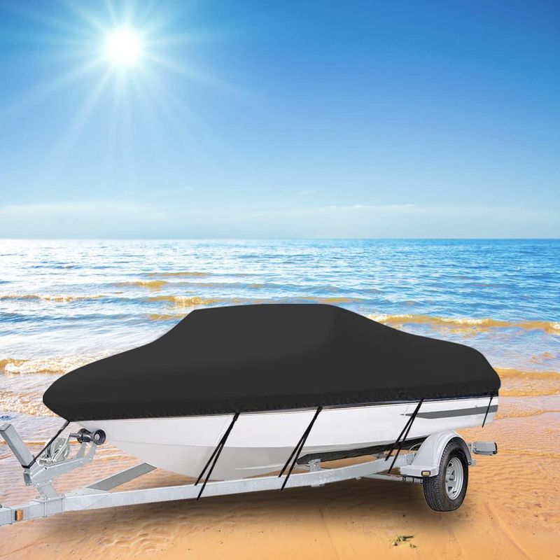 Photo 1 of 14-16ft Oxford Fabric Trailerable 210D Boat Cover, Heavy Duty Waterproof UV Marine Grade Oxford Fabric fits V-Hull,TRI-Hull,Trailer,Pro-Style,Fishing Ski,Runabout,Bass Boat with Strap Black
