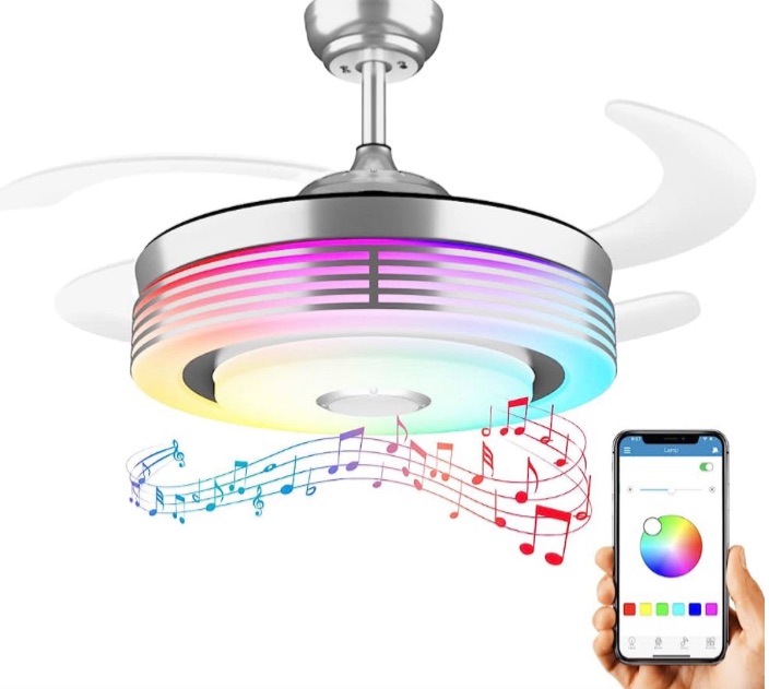 Photo 1 of 48 Inch Modern Retractable Ceiling Fan with Light and Bluetooth Speaker LED Color Changing Chandelier Smart Ceiling Fans with APP Control 6 Speed Bluetooth Fandelier Ceiling Fan for Bedroom Chrome