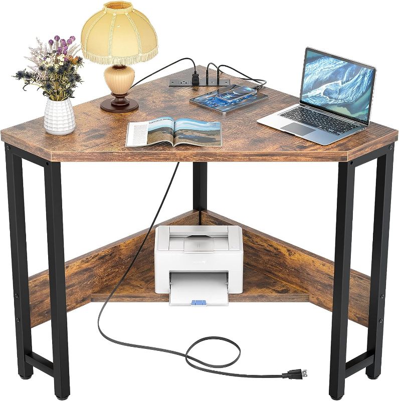 Photo 1 of armocity Corner Desk Small Desk with Outlets Corner Table for Small Space Industrial Computer Desk with USB Ports Triangle Desk with Storage for Home Office...