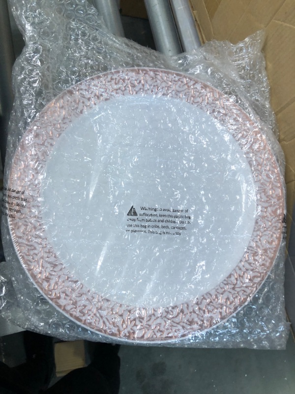 Photo 4 of 350 Piece Rose Gold Dinnerware Set 50 Guest-100 Rose Gold Lace Plastic Plates-50 Rose Gold Plastic Silverware-50 Plastic Cups-50 Linen Like Paper Napkins,FOCUSLINE Disposable Dinnerware Set