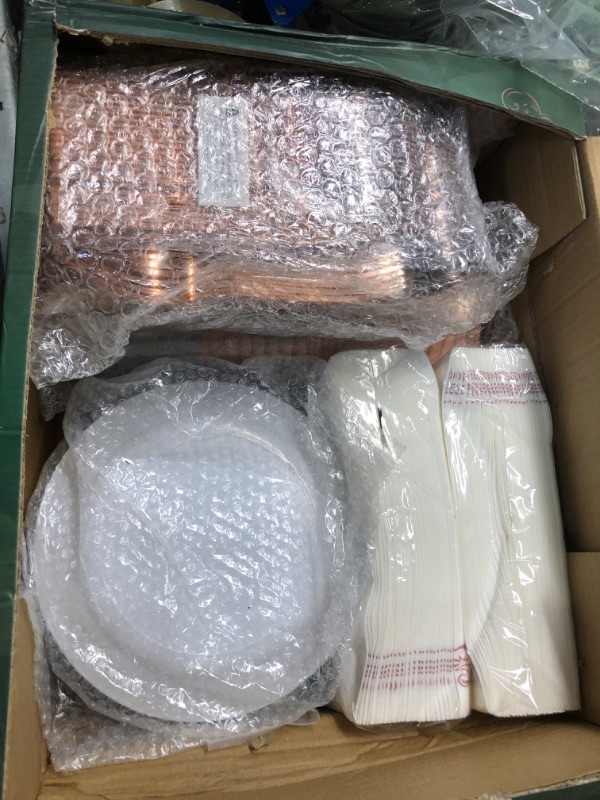 Photo 2 of 350 Piece Rose Gold Dinnerware Set 50 Guest-100 Rose Gold Lace Plastic Plates-50 Rose Gold Plastic Silverware-50 Plastic Cups-50 Linen Like Paper Napkins,FOCUSLINE Disposable Dinnerware Set