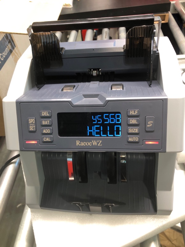 Photo 2 of RaeoeWZ Y5568 Money Counter Machine with Value Count, USD, Euro, UV/MG/IR/DD Counterfeit Detection, Top Loading Bill Counter with Add& Batch Modes, Cash Counter with LCD Display, 1500 Notes/Min Speed