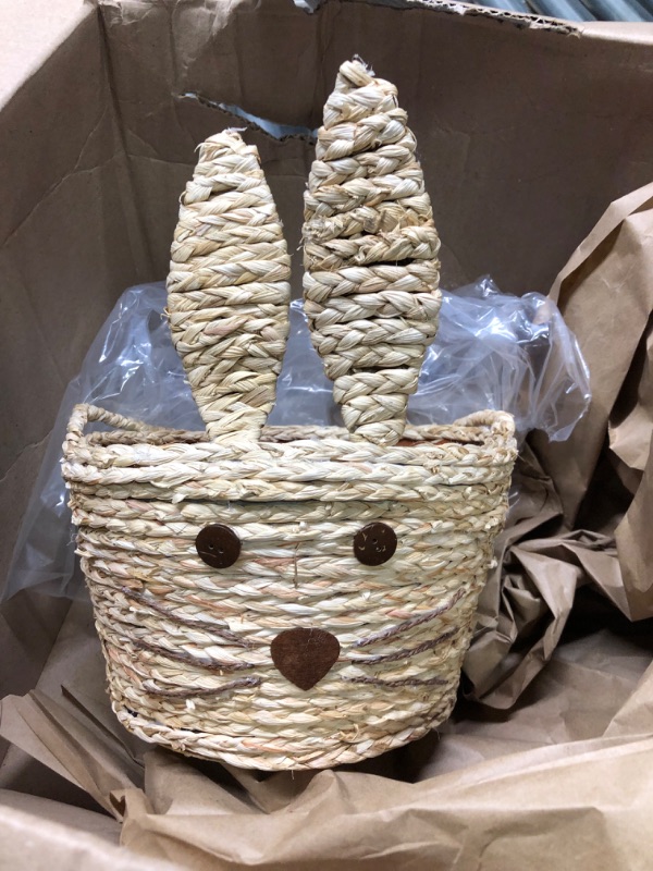 Photo 1 of Juegoal Easter Bunny Woven Basket for Party Favors, Handmade Straw Wicker Easter Candy Eggs Baskets for Kids, Dia.9.8 x 13.8 Inch Cute Rabbit Picnic Hamper for Egg Hunt Party Gifts Toy Storage