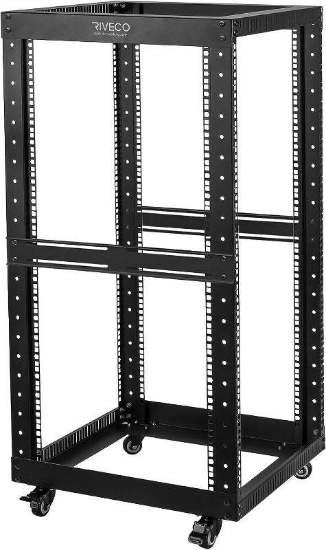 Photo 1 of RIVECO 22U Open Frame Server Rack with Wheels- Heavy Duty 4 Post Quick Assembly 19-inch, Stereo Rack Rolling Network Shelf Black
