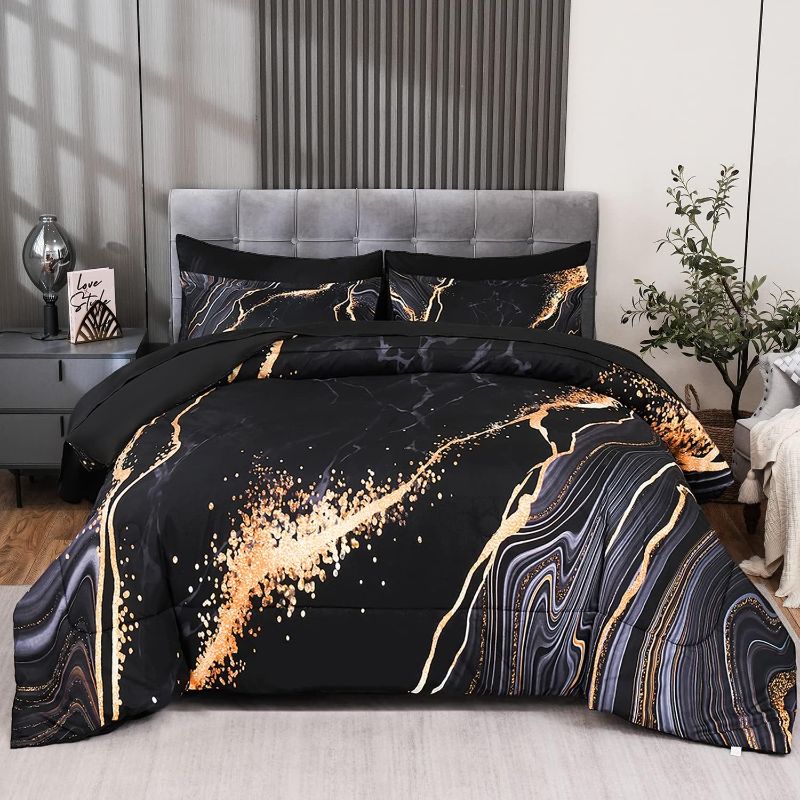 Photo 4 of ASKOTU Black Comforter Set Queen Size, Soft Microfiber Retro Gold Marble Bedding Sets, 5 Pcs Bed in a Bag Queen Comforter Set with Sheets Black Queen-5pcs