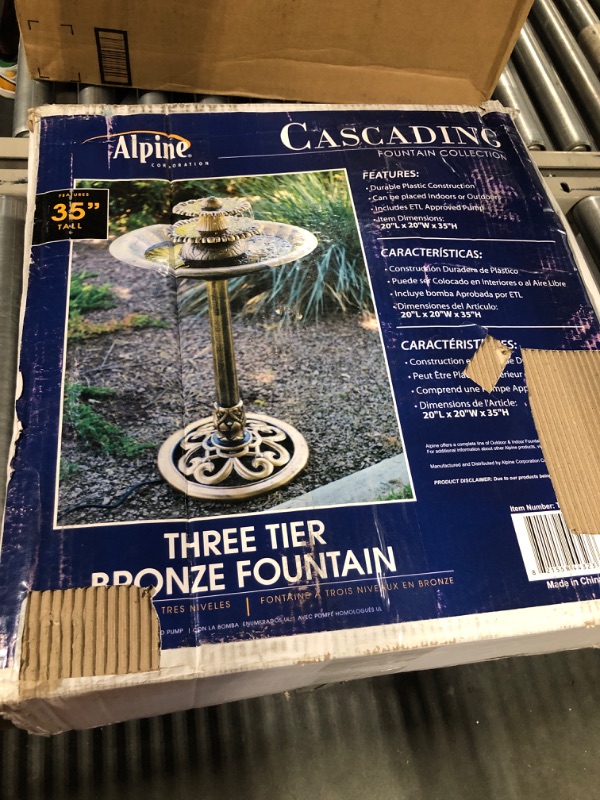 Photo 1 of Alpine Corporation TEC106-BZ Alpine Floor Fountain, 35", Bronze & 27" Tall 2-Tier Barrel and Pump Waterfall Fountain, Bronze Finish
