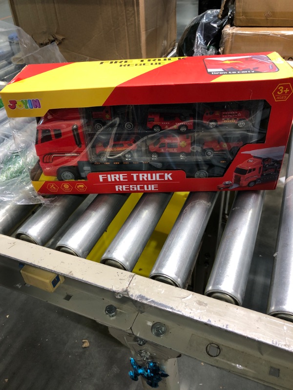 Photo 1 of JOYIN 19 in 1 Die-cast Fire Toy Truck with Little Figures, Mini Emergency Fire Vehicles in Big Carrier Truck, Patrol Rescue Helicopter for Boys 3-9 Years Old, Kids Value Birthday Xmas Easter Gifts Fire Rescue Truck