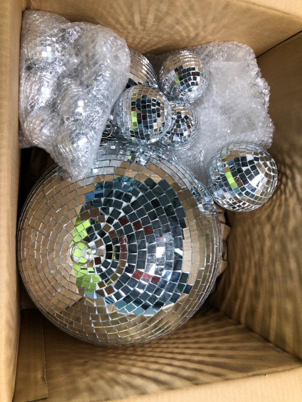 Photo 3 of 50 Pcs Disco Balls Ornaments Mini Disco Balls Silver Hanging Decorations Reflective Mirror Ball Cake Decoration 70s Disco Party Supplies for Christmas Festive (12'', 6'', 4'', 3.2'', 2'', 1.2'') 