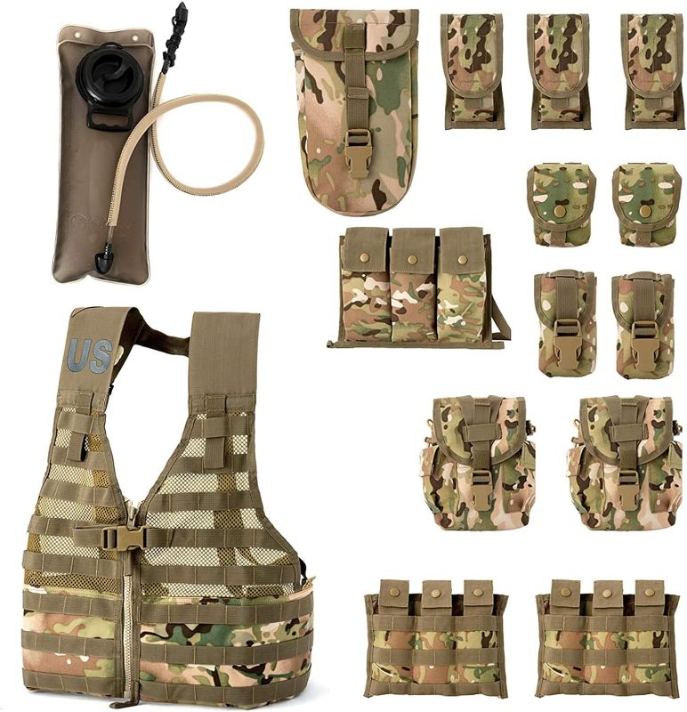 Photo 1 of MT Military MOLLE 2 Army Vest, Rifleman FLC Set with Outer Pouches, Assault Backpack and Hydration Pack, Multicam Camo
