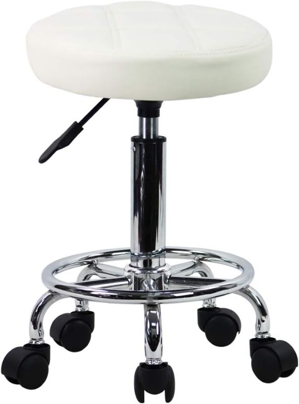 Photo 1 of KKTONER Round Rolling Stool Chair PU Leather Height Adjustable Swivel Drafting Work SPA Shop Salon Stools with Wheels Office Chair Small (White)
