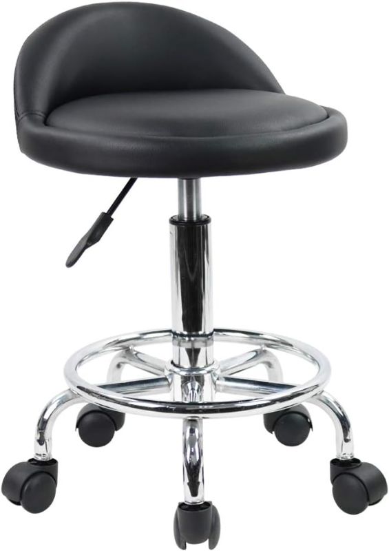 Photo 1 of KKTONER PU Leather Round Rolling Stool with Foot Rest Height Adjustable Swivel Drafting Work SPA Task Chair with Wheels (Black)