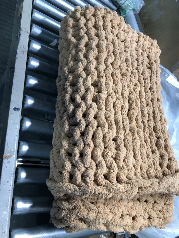 Photo 3 of LONG CREATE Chunky Knit Throw Blanket 50"X 60", 100% Handmade with Soft Chenille Yarn, 4.4lbs Thick Cable Knitted Blankets, Large Rope Knot Crochet Throws for Couch Sofa Bed Home Decor, Tan Brown Tan Brown 50x60 inch