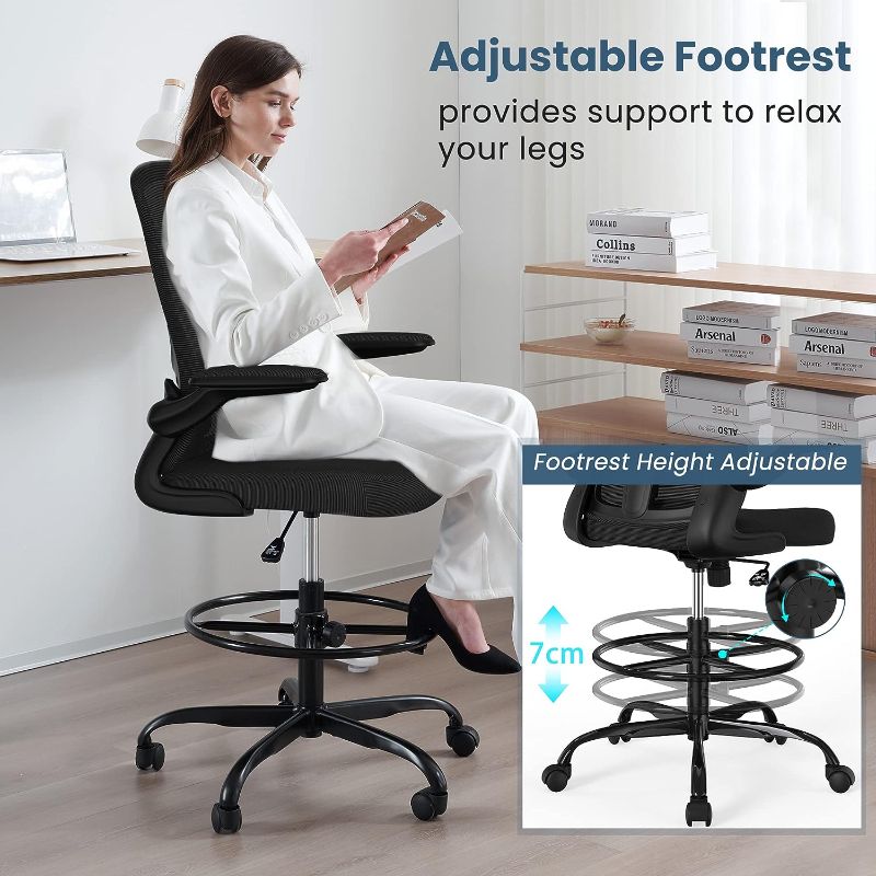 Photo 1 of Drafting Chair, Tall Office Chair with Flip-up Armrests Executive Ergonomic Computer Standing Desk Chair, Office Drafting Chair with Lumbar Support and Adjustable Footrest Ring