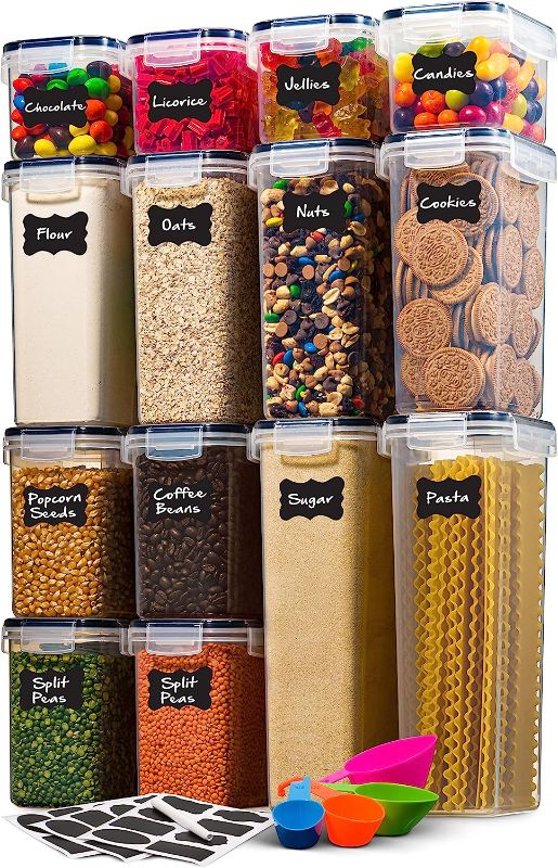 Photo 1 of 14 Pack Airtight Food Storage Container Set - BPA Free Clear Plastic Kitchen and Pantry Organization Canisters with Durable Lids for Cereal, Dry Food Flour & Sugar - Labels, Marker & Spoon Set