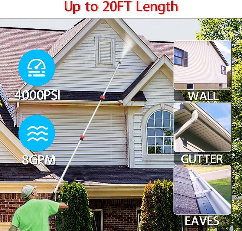 Photo 1 of 20ft Power Washer Extension Wand with Gutter Cleaner, Telescoping Pressure Washer Wand Extension Lance Nozzle Tips Water Spray Gun Pole