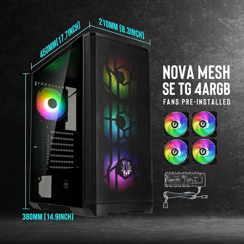 Photo 1 of BitFenix Nova Mesh SE TG ARGB Edition High Airflow PC Gaming Case, Black/Black Mesh ATX 4xARGB Fans Pre-Installed 6+6 Controller (LED/PWM System) Temper Glass Aura SYNC/Mystic Light/RGB Fusion 2.0