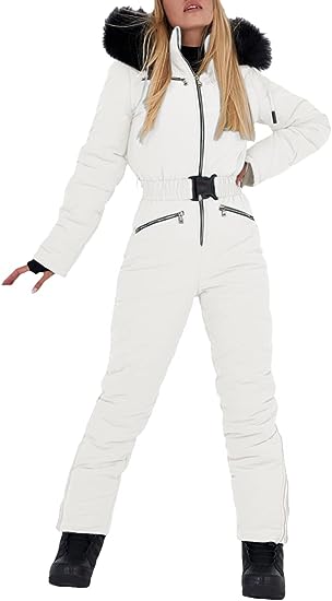 Photo 1 of Aoysky Women Winter Onesies Ski Jumpsuit Outdoor Sports Snowsuit Fur Collar Coat Jumpsuit with Hoodies Ski Jackets and Pants Small Blue