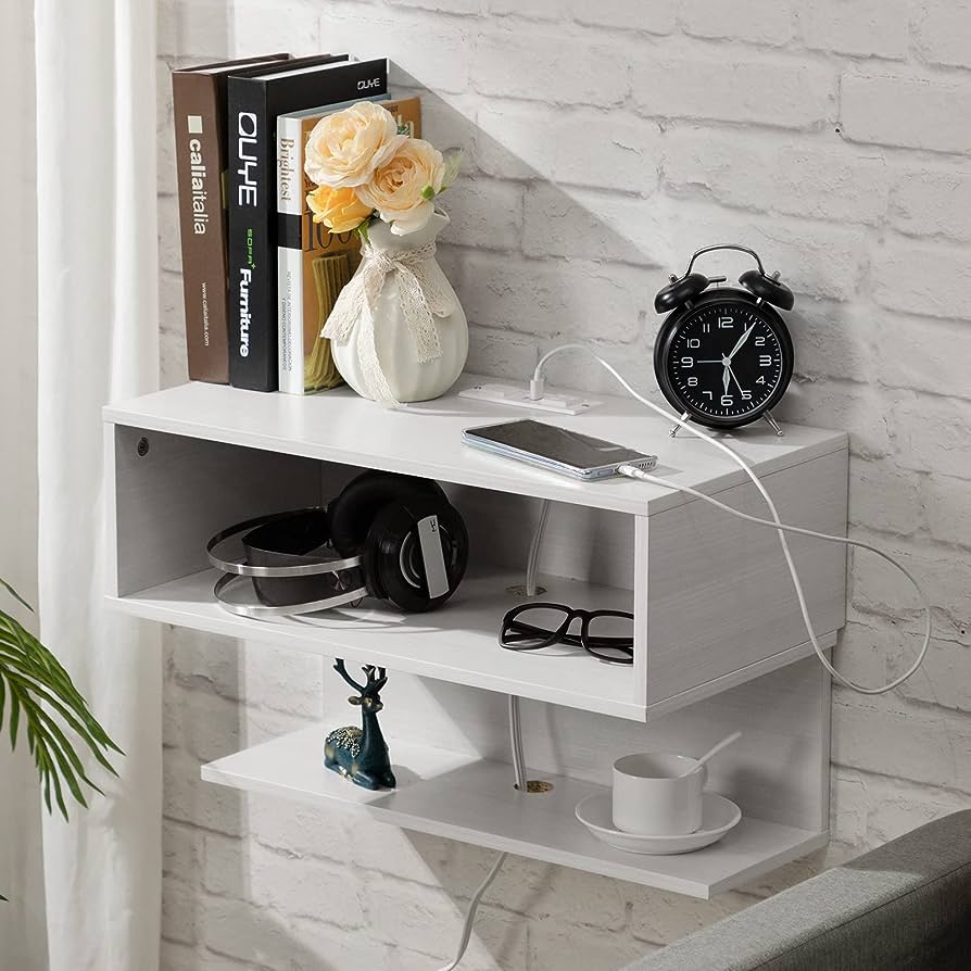 Photo 1 of alimorden floating nightstand with usb ports, wall mount shelf with drawer storage, industrial bedside table for bedroom, white