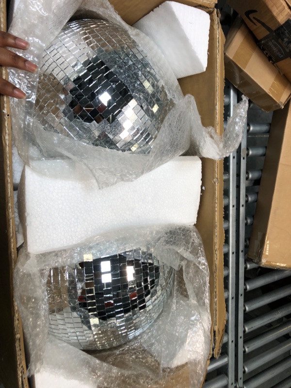 Photo 3 of 2 Pack Large Disco Ball Silver Hanging Mirror Disco Ball Reflective Mirror Disco Ball Ornament for Party Holiday Wedding Dance Music Festivals Decor Club Stage Props DJ Decoration (12 Inch, 12 Inch)