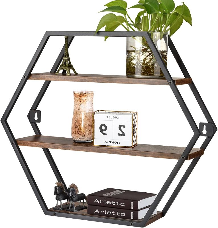 Photo 1 of BCOZLUX Floating Shelves, Decorative Hanging Wall Shelf, 3 Tier Geometric Hexagon Storage Shelving, Farmhouse Style Wood and Metal Wall Decor for Bathroom Bedroom Living Room, Rustic Brown and Black