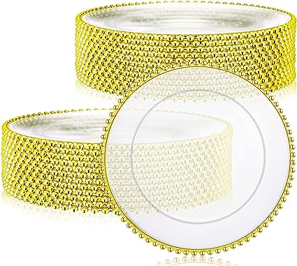 Photo 1 of 25 Pcs Clear Charger Plates 13 Inch Plastic Round Dinner Plate with Gold Beaded Rim Dinner Table Decorative Plate for Wedding Birthday Bridal Shower Party Dinner Table Decor Supplies