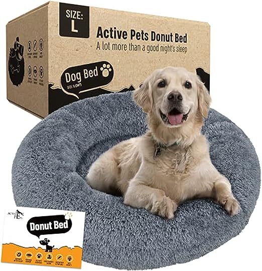 Photo 1 of Active Pets Plush Calming Donut Dog Bed - Anti Anxiety Bed for Dogs, Soft Fuzzy Comfort - for Large Dogs, Fits up to 100lbs, 36" x 36" (Large, Dark Grey)
