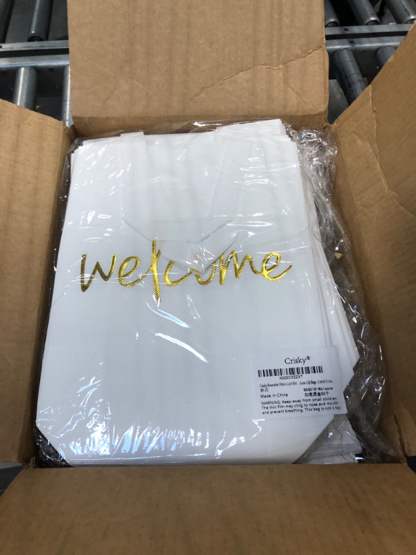 Photo 3 of Crisky Reuseable Whtie Gold Welcome Bags for Wedding Birthday Party, 50 Counts Medium Size Eco-Friendly Non-Woven Guest Gift Bags, 11x4x9 Inches 50 Gold Text