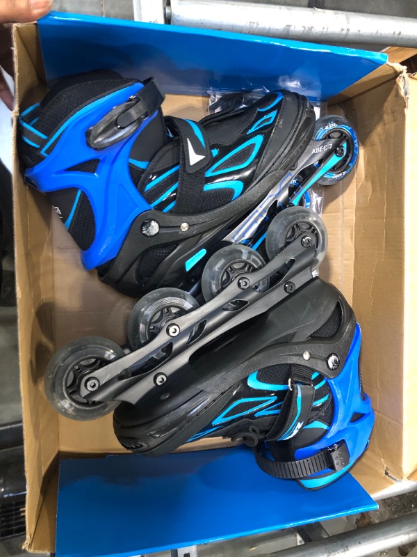 Photo 3 of 2PM SPORTS Vinal Girls Adjustable Flashing Inline Skates, All Wheels Light Up, Fun Illuminating Skates for Kids and Men- Azure Small (1Y-4Y US) Azure & Blue Large - Youth (4-7 US)