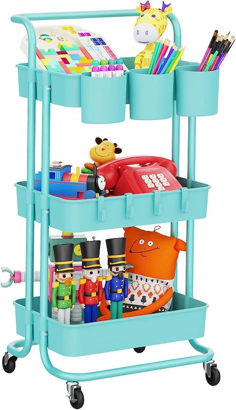 Photo 1 of 3-Tier Rolling Mobile Utility Cart with Hanging Cups & Hooks & Handle Multifunctional Organizer Storage Trolley Service Cart with Wheels Easy Assembly for Office, Bathroom, Kitchen (Blue)
