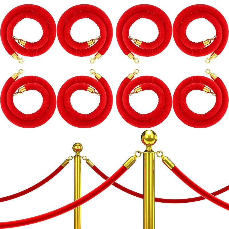 Photo 1 of 8 Pack Velvet Stanchion Rope, 5 Feet Crowd Control Safety Barriers with Polished Gold Hooks for Carpet Events Movie Theaters Grand Openings Hotels Party Supplies (Red)
