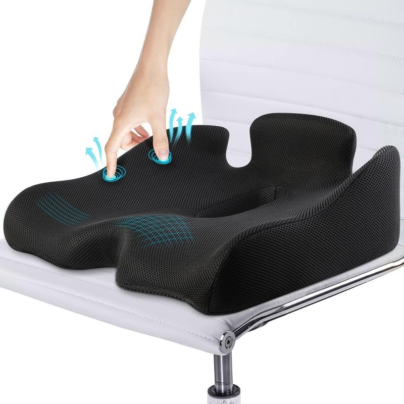 Photo 1 of Benazcap Memory Seat Cushion for Office Chair Pressure Relief Sciatica & Tailbone Pain Relief Memory Foam Firm Coccyx Pad for Long Sitting, for Office Chair, Gaming Chair and Car Seat, Black
