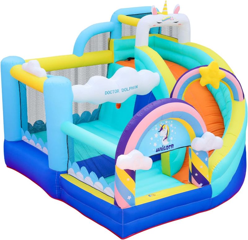 Photo 1 of Doctor Dolphin Inflatable Bounce House for Kids Unicorn Bouncy House with Blower Toddle Bouncy Castle Kids Slide for Outdoor
