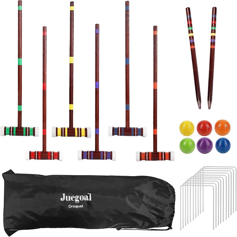 Photo 1 of Juegoal Six Player Croquet Set with Wooden Mallets Colored Balls for Lawn, Backyard and Park, 28 Inch
