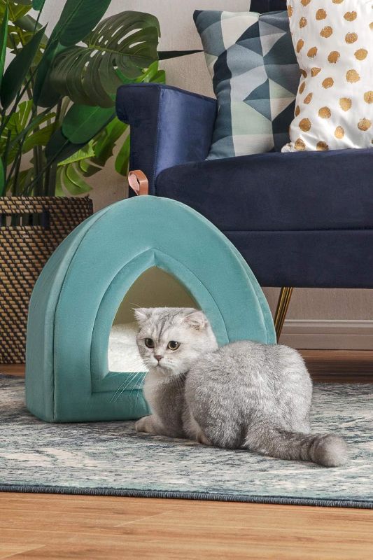 Photo 1 of Bedsure Cat Beds for Indoor Cats - Cat House Cat Tent Cat Cave with Removable Washable Cushioned Pillow, Kitten Beds Cat Hut, Washed Blue, 15 inches
