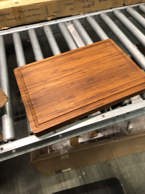 Photo 3 of Bamboo Wood Cutting Board for Kitchen, 1" Thick Butcher Block, Cheese Charcuterie Board, with Side Handles and Juice Grooves, 16x11"
