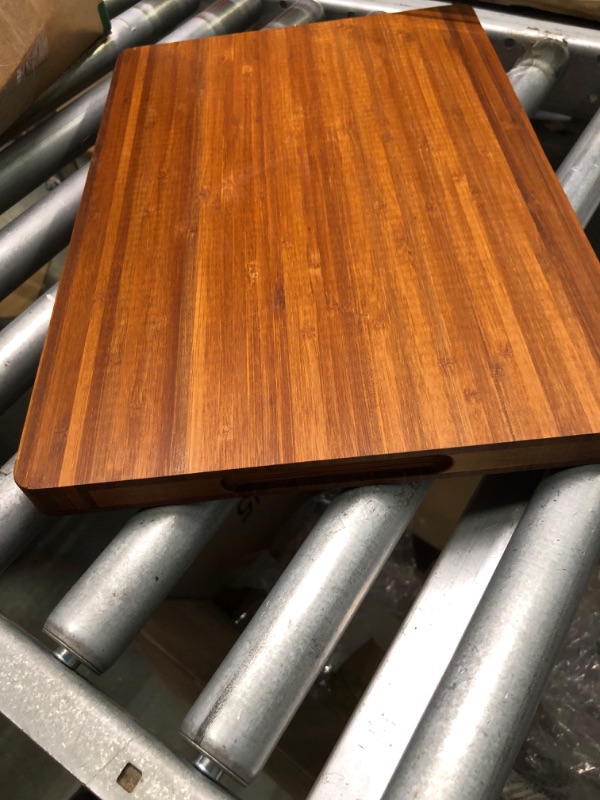 Photo 4 of Bamboo Wood Cutting Board for Kitchen, 1" Thick Butcher Block, Cheese Charcuterie Board, with Side Handles and Juice Grooves, 16x11"
