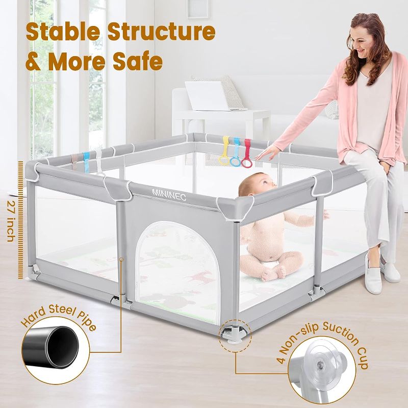 Photo 1 of Baby Playpen with Mat,50"x50" Baby Playpen for Babies and Toddlers,Kids Playard Activity Center with Anti-Slip Design,Zipper Gates with Visible Mesh,Hand Rings Dark Grey