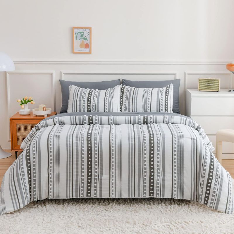Photo 1 of AIKASY Boho Bed in a Bag 7 Pieces Queen Size, Black/White Tufted Comforter Set, Stripe Pattern with Ball Pom Design, All Season Cozy Cover with Sheets (Hair Ball,90"x90")
