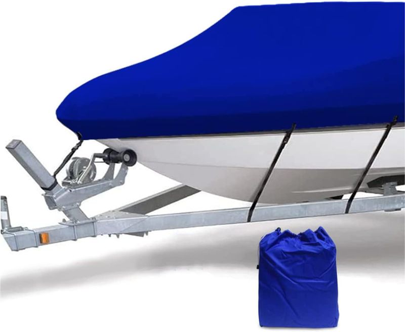 Photo 1 of 17-19ft Trailerable Heavy Duty Waterproof Boat Cover, 600D Marine Grade Polyester Canvas Boat Cover Fits Tri-Hull, V-Hull, Runabout, Fishing Boat with Carrying Bag Blue
